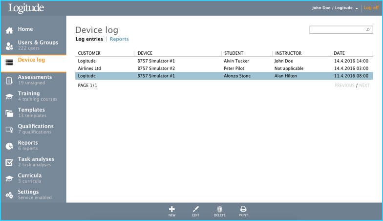 Device Log menu