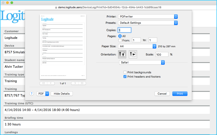 Printing log entry