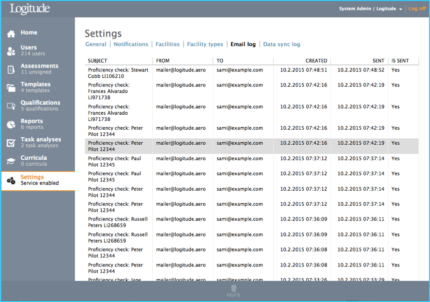 Email log tab