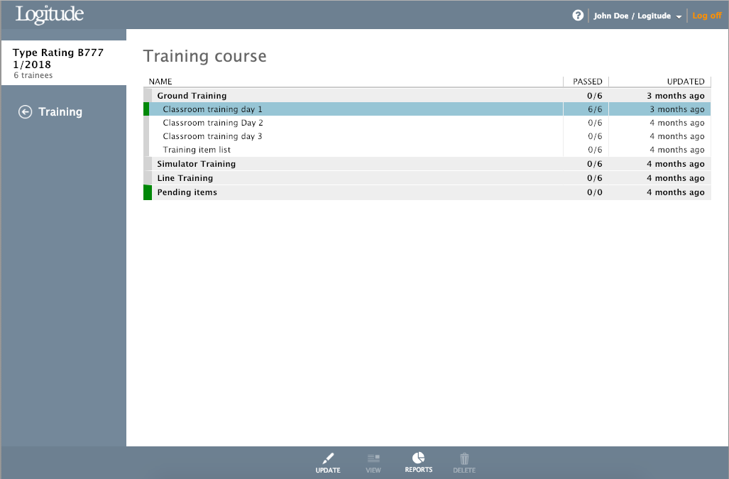 Training reports via training course progress view