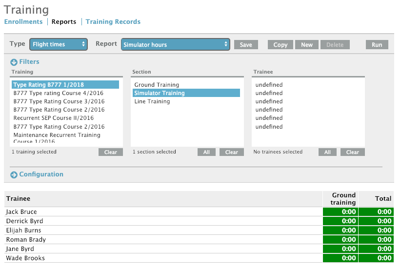 Training reports filters