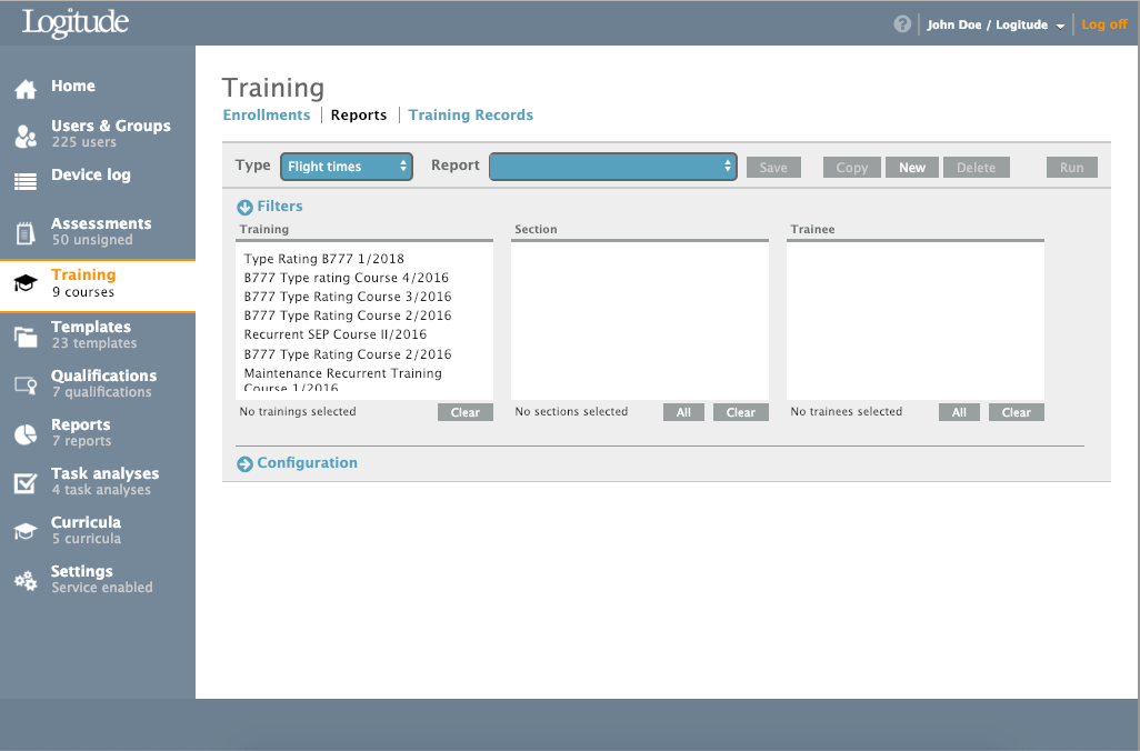 Training reports tab