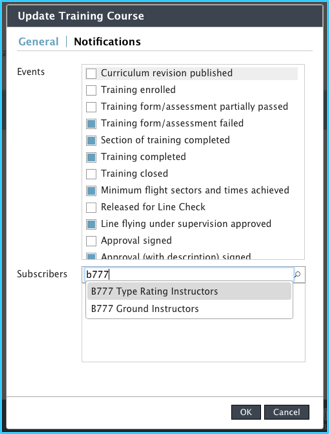 Training course notification tab