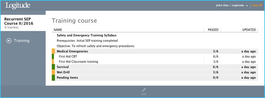 Training course progress view