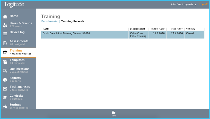 Training records tab